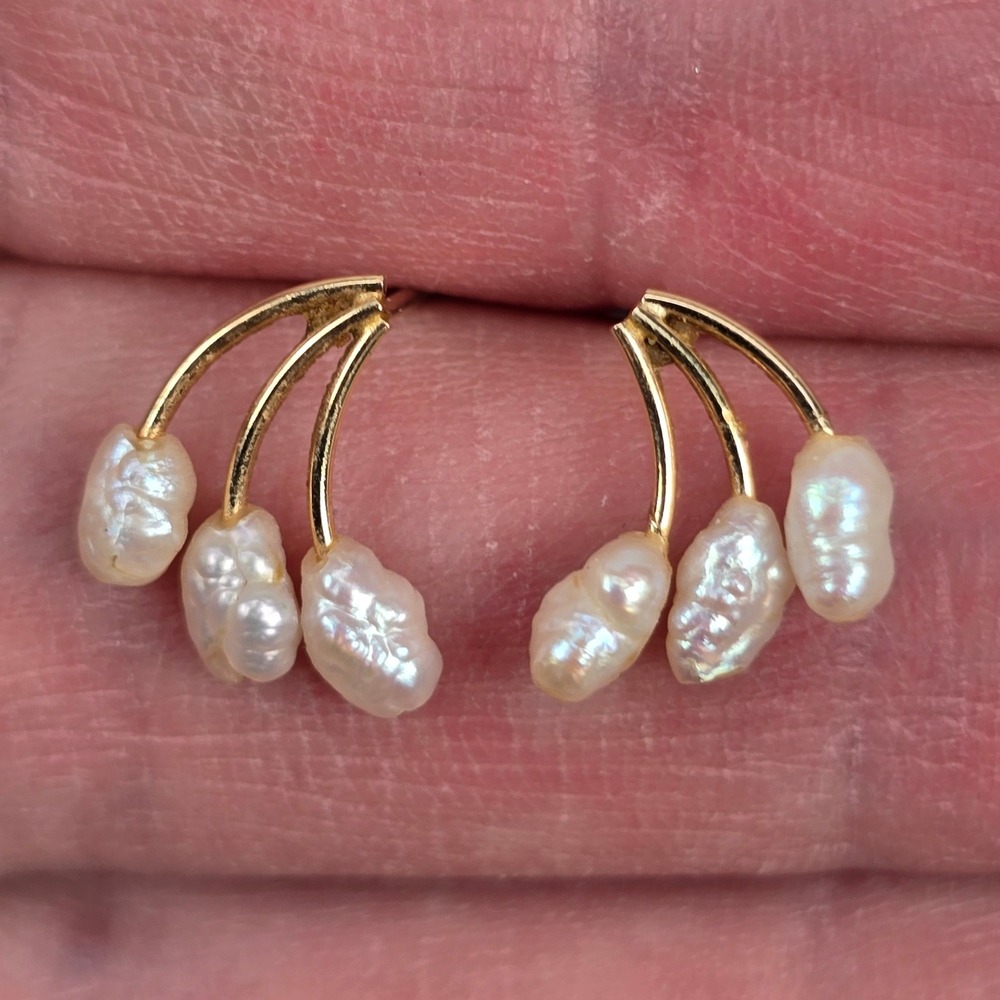 14K Solid Yellow Gold Baroque Freshwater Pearl Triple Branch Stud Earrings